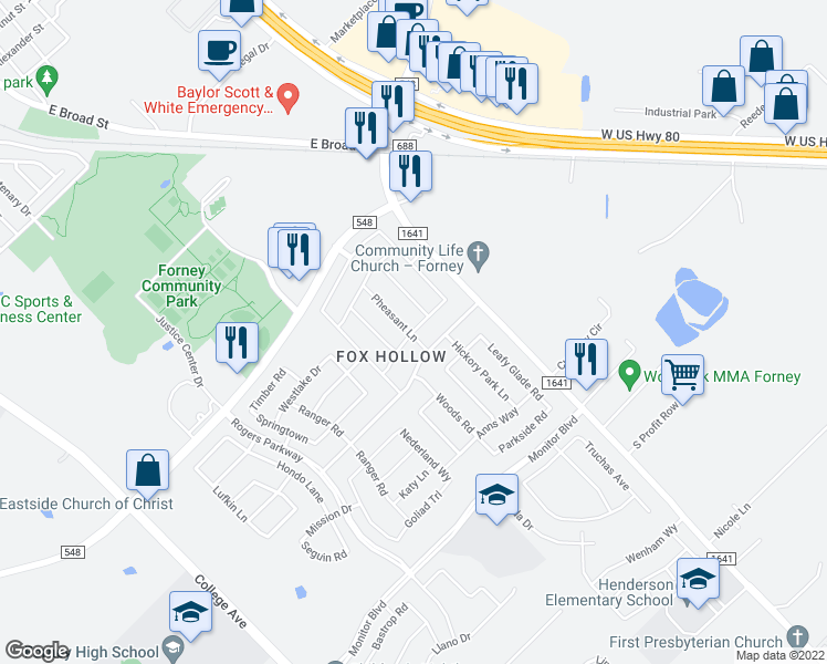 map of restaurants, bars, coffee shops, grocery stores, and more near 214 Beacon Hill Lane in Forney