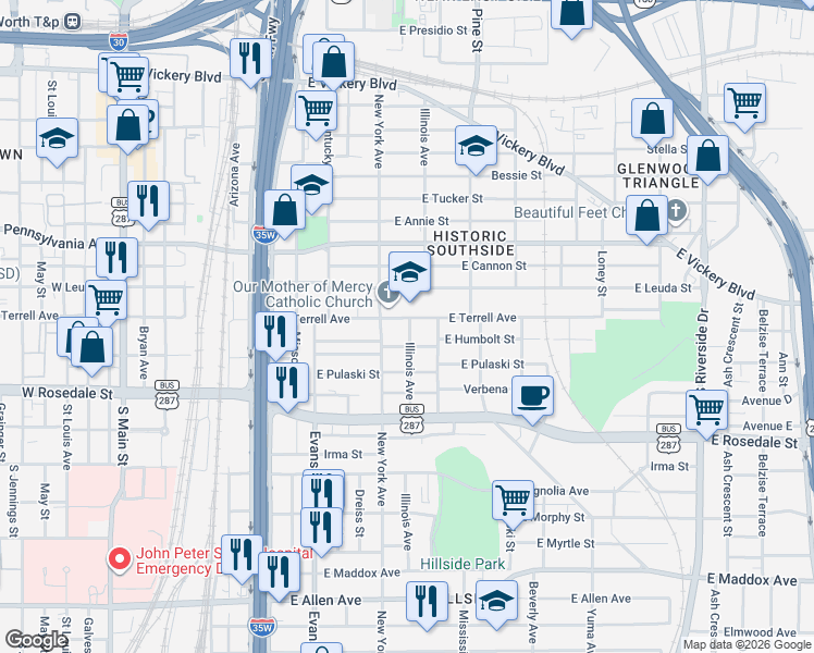 map of restaurants, bars, coffee shops, grocery stores, and more near 1058 East Humbolt Street in Fort Worth
