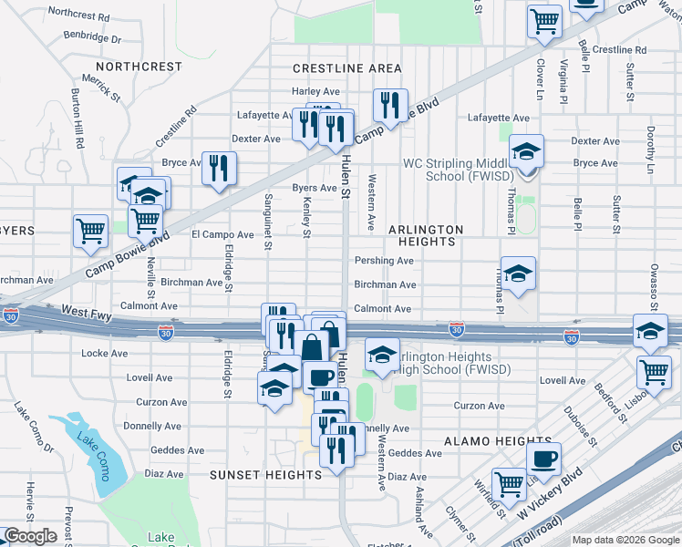 map of restaurants, bars, coffee shops, grocery stores, and more near 4535 Birchman Avenue in Fort Worth