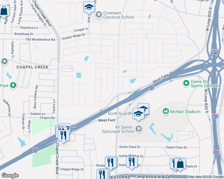 map of restaurants, bars, coffee shops, grocery stores, and more near 9904-9978 West Freeway in Fort Worth