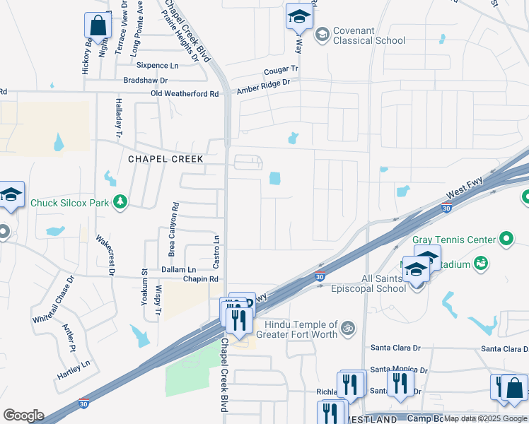 map of restaurants, bars, coffee shops, grocery stores, and more near 2393-2441 Chapel Creek Boulevard in Fort Worth