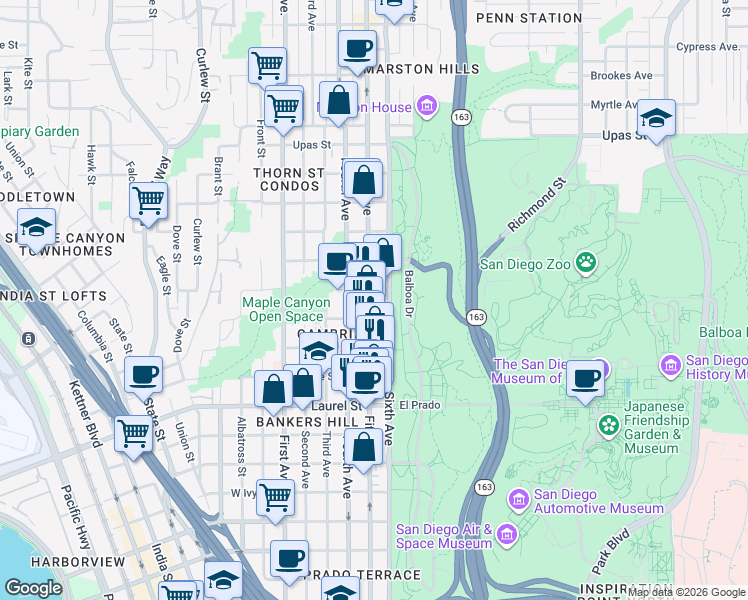 map of restaurants, bars, coffee shops, grocery stores, and more near 2800 Fifth Avenue in San Diego