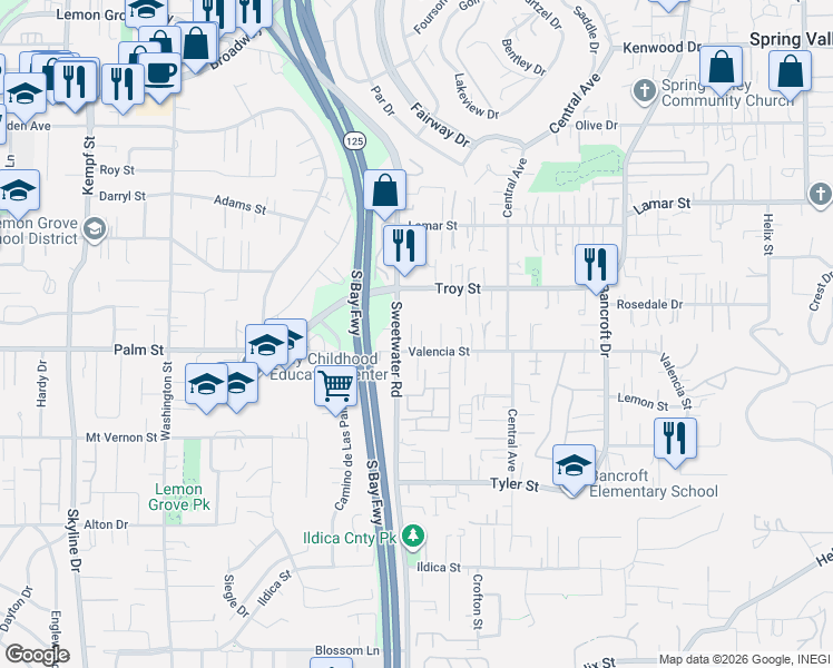map of restaurants, bars, coffee shops, grocery stores, and more near 2723 Tish Court in Spring Valley