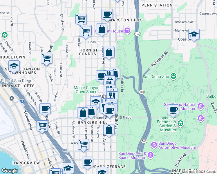 map of restaurants, bars, coffee shops, grocery stores, and more near 2800 Fifth Avenue in San Diego