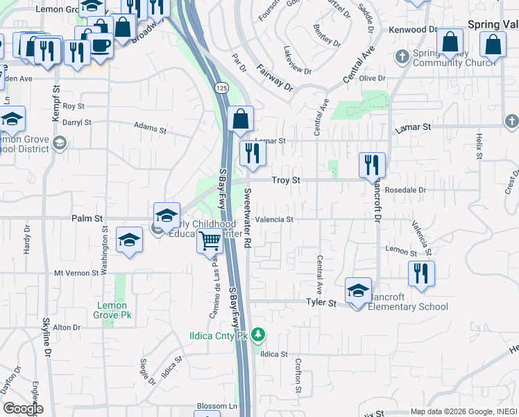 map of restaurants, bars, coffee shops, grocery stores, and more near 8645 Valencia Street in Spring Valley
