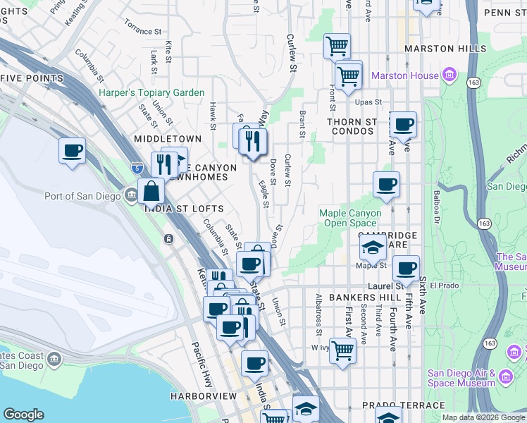 map of restaurants, bars, coffee shops, grocery stores, and more near 2812 Reynard Way in San Diego