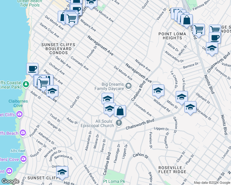 map of restaurants, bars, coffee shops, grocery stores, and more near 4286 Del Mar Avenue in San Diego