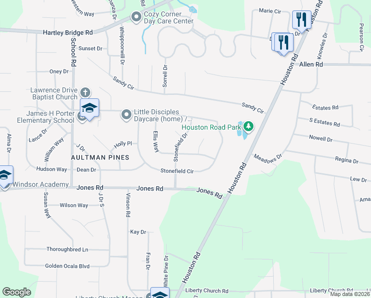 map of restaurants, bars, coffee shops, grocery stores, and more near 169 Ellis Way in Macon