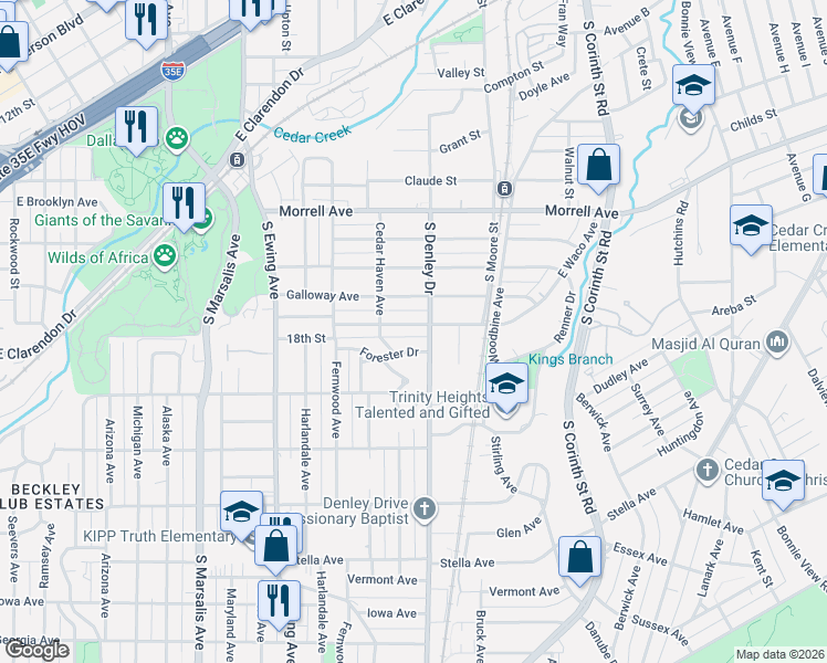map of restaurants, bars, coffee shops, grocery stores, and more near 1228 South Denley Drive in Dallas
