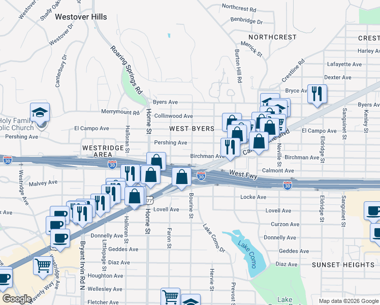 map of restaurants, bars, coffee shops, grocery stores, and more near 5429 Birchman Avenue in Fort Worth