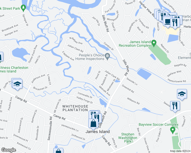 map of restaurants, bars, coffee shops, grocery stores, and more near 925 Hood Street in Charleston