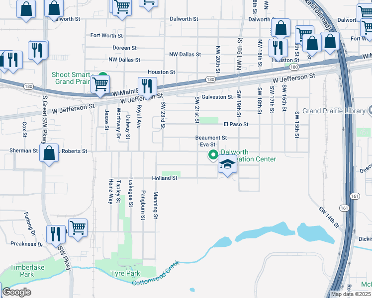 map of restaurants, bars, coffee shops, grocery stores, and more near 2124 W.E. Roberts Street in Grand Prairie