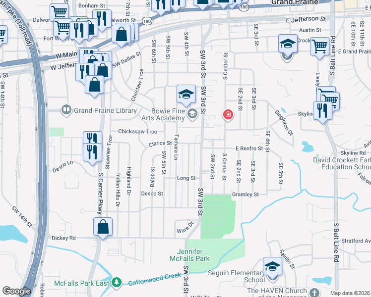 map of restaurants, bars, coffee shops, grocery stores, and more near 921 Southwest 4th Street in Grand Prairie