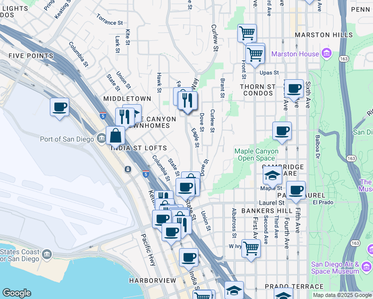 map of restaurants, bars, coffee shops, grocery stores, and more near 2812 Reynard Way in San Diego
