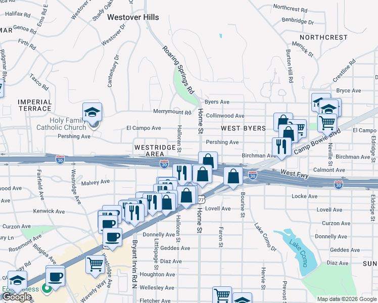 map of restaurants, bars, coffee shops, grocery stores, and more near 5712 Birchman Avenue in Fort Worth
