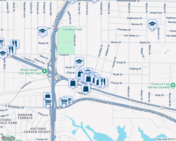 map of restaurants, bars, coffee shops, grocery stores, and more near 2932 Handley Drive in Fort Worth