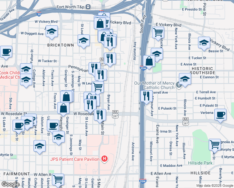 map of restaurants, bars, coffee shops, grocery stores, and more near 308 East Terrell Avenue in Fort Worth