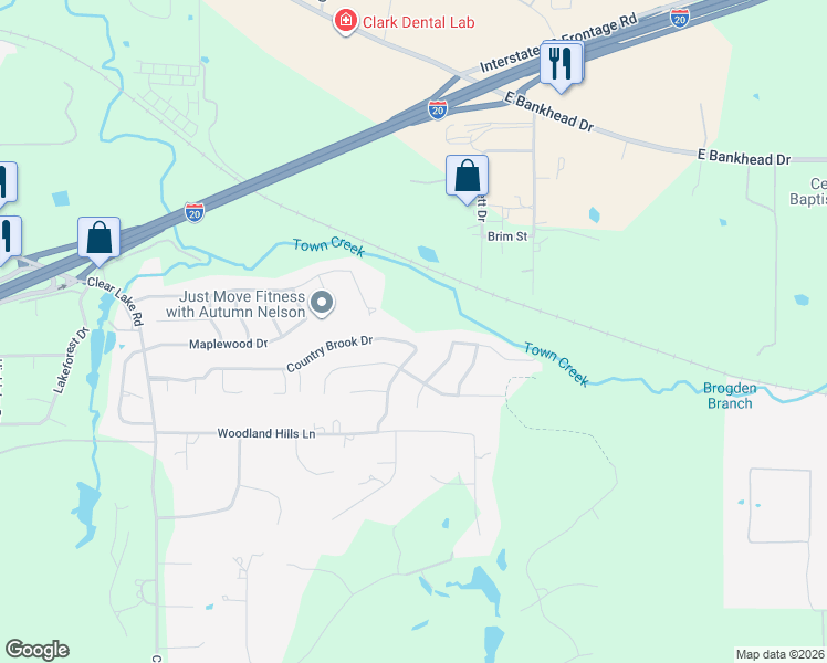 map of restaurants, bars, coffee shops, grocery stores, and more near 2125 Country Brook Drive in Weatherford