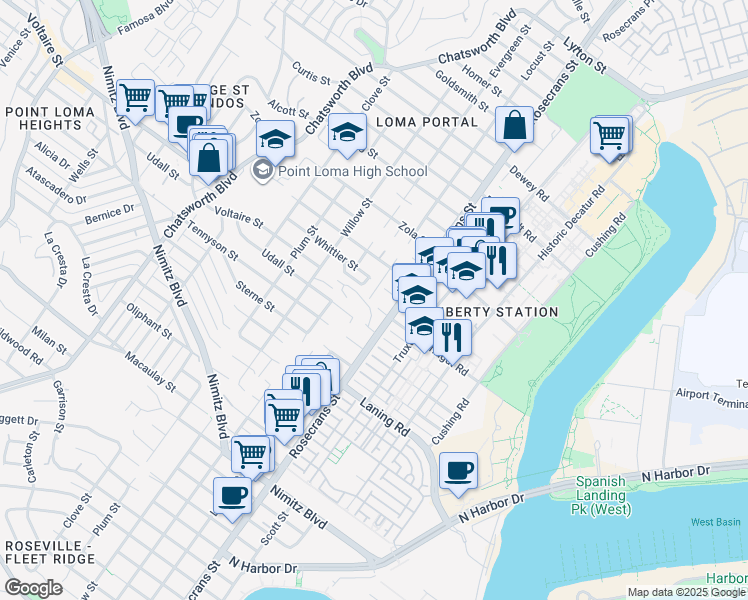 map of restaurants, bars, coffee shops, grocery stores, and more near 2205 Locust Street in San Diego