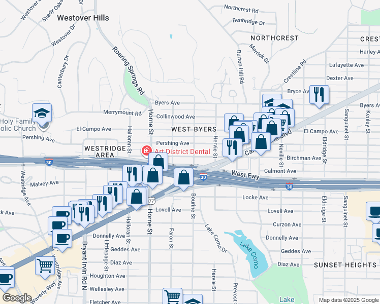 map of restaurants, bars, coffee shops, grocery stores, and more near 5504 Birchman Avenue in Fort Worth