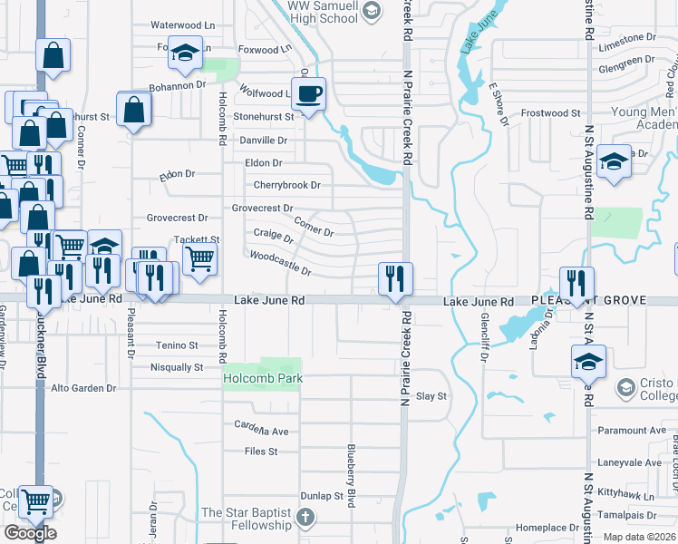 map of restaurants, bars, coffee shops, grocery stores, and more near 8733 Craige Drive in Dallas