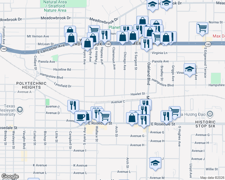 map of restaurants, bars, coffee shops, grocery stores, and more near 908 Clairemont Avenue in Fort Worth