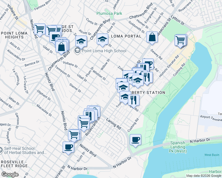 map of restaurants, bars, coffee shops, grocery stores, and more near 2205 Locust Street in San Diego
