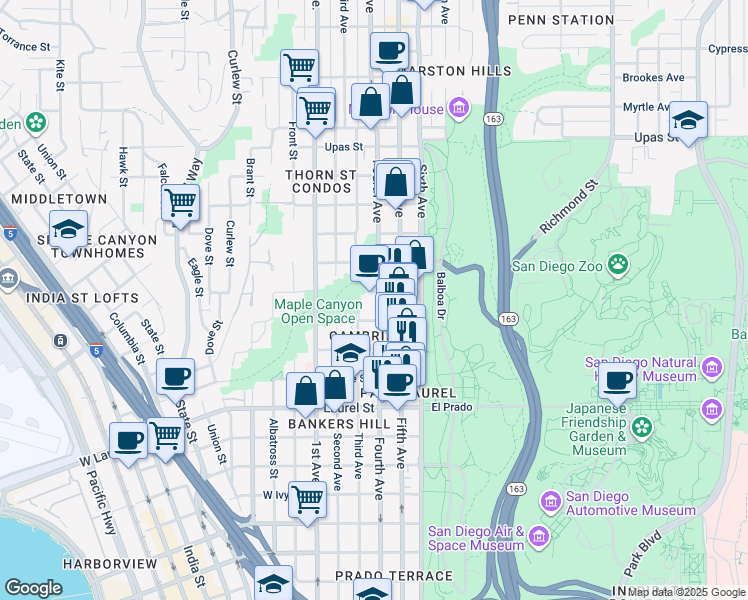 map of restaurants, bars, coffee shops, grocery stores, and more near 2870 Fourth Avenue in San Diego