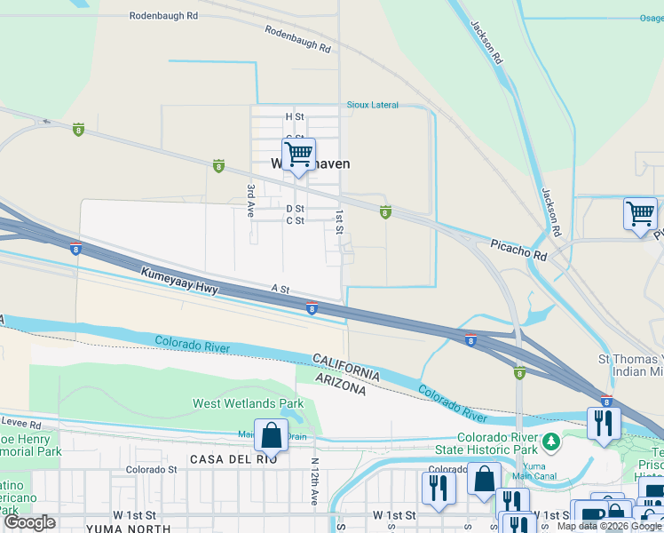 map of restaurants, bars, coffee shops, grocery stores, and more near 2105 B Street in Winterhaven