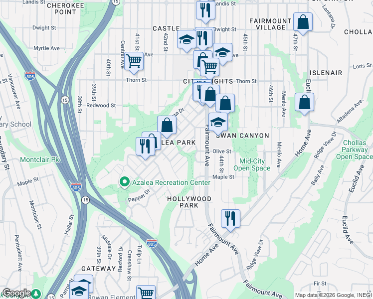 map of restaurants, bars, coffee shops, grocery stores, and more near 4251 1/2 Poplar Street in San Diego