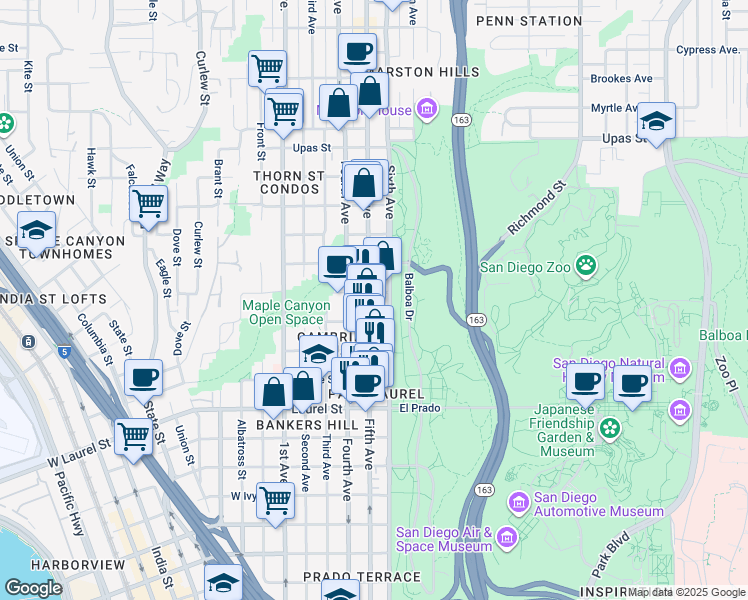 map of restaurants, bars, coffee shops, grocery stores, and more near 2930 Fifth Avenue in San Diego