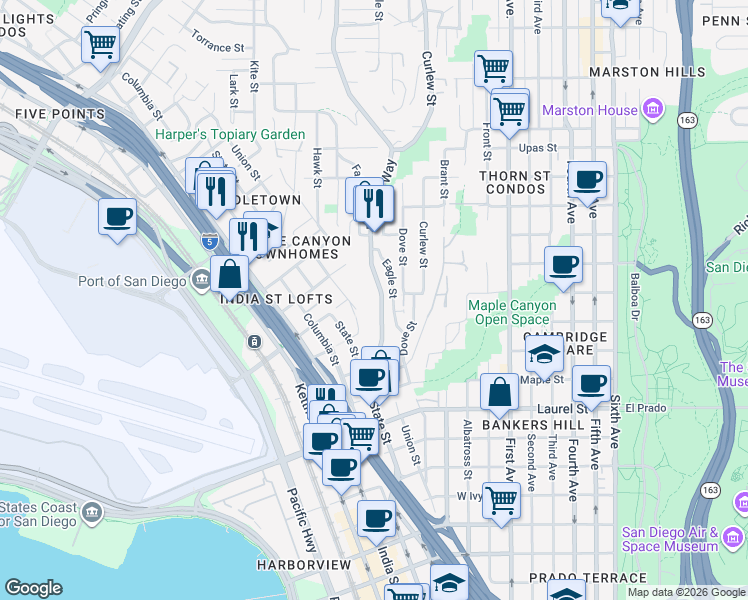 map of restaurants, bars, coffee shops, grocery stores, and more near 2957 Reynard Way in San Diego