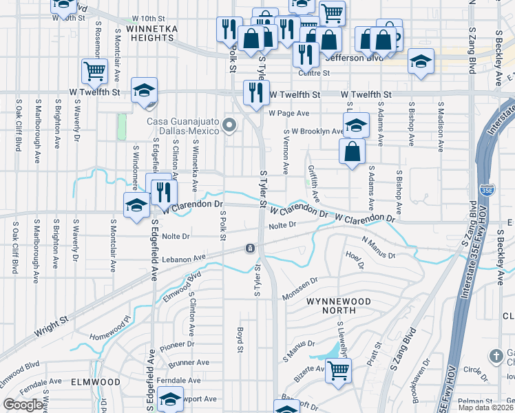map of restaurants, bars, coffee shops, grocery stores, and more near 1003 West Clarendon Drive in Dallas