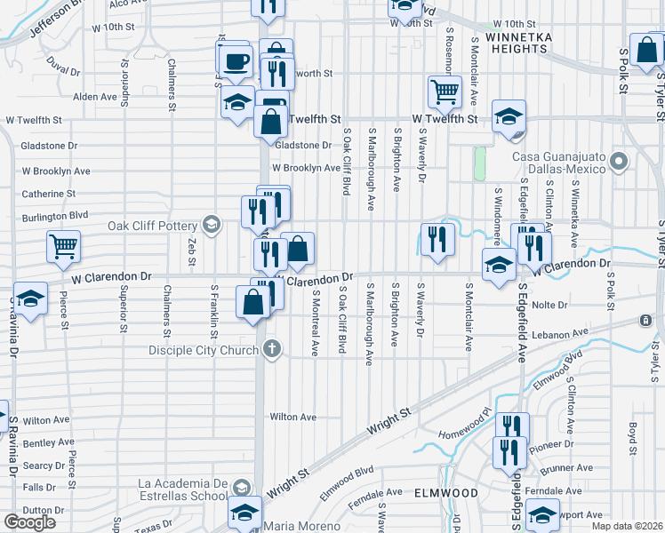 map of restaurants, bars, coffee shops, grocery stores, and more near 929 South Oak Cliff Boulevard in Dallas