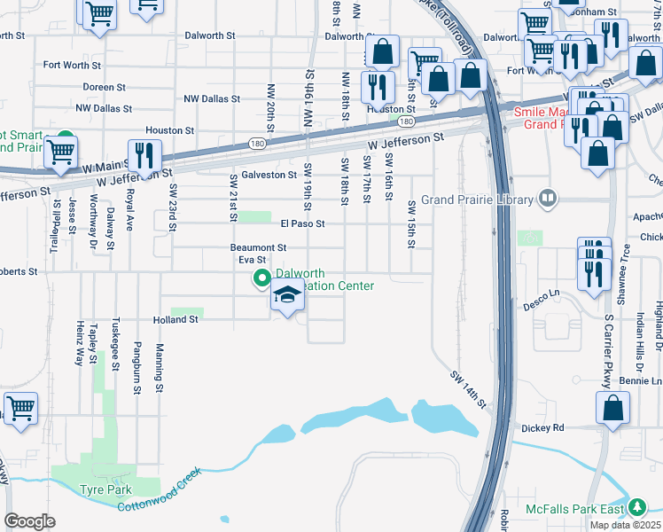 map of restaurants, bars, coffee shops, grocery stores, and more near 1801 Beaumont Street in Grand Prairie