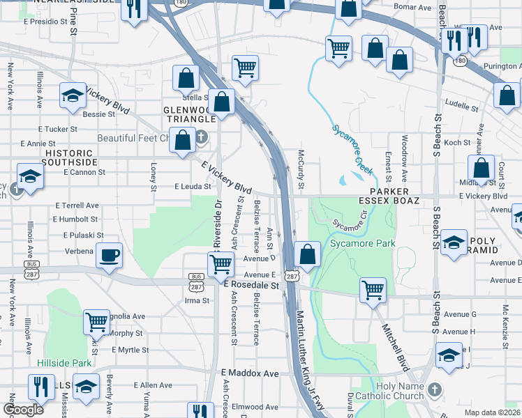 map of restaurants, bars, coffee shops, grocery stores, and more near 2000 East Vickery Boulevard in Fort Worth