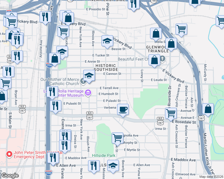 map of restaurants, bars, coffee shops, grocery stores, and more near 1223 East Terrell Avenue in Fort Worth