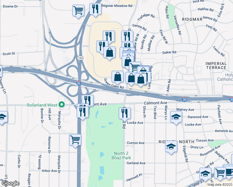 map of restaurants, bars, coffee shops, grocery stores, and more near 6901 West Freeway in Aledo
