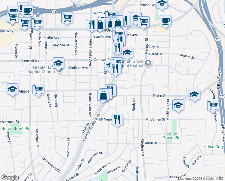 map of restaurants, bars, coffee shops, grocery stores, and more near 2810 Main Street in Lemon Grove