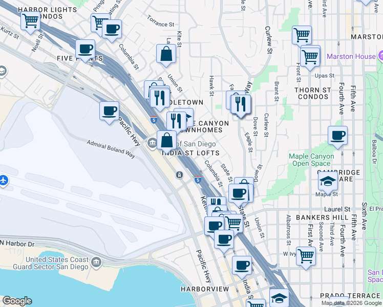 map of restaurants, bars, coffee shops, grocery stores, and more near 1304 West Redwood Street in San Diego