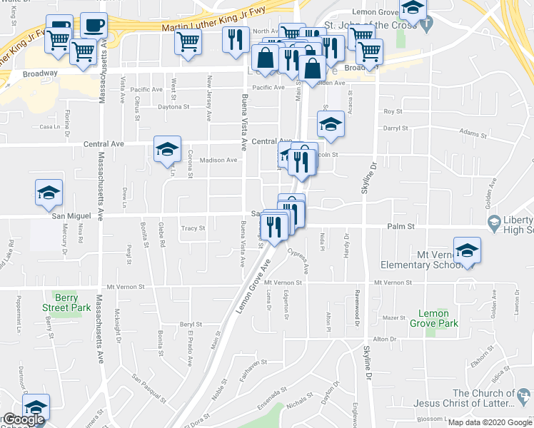 map of restaurants, bars, coffee shops, grocery stores, and more near 4190 San Miguel in Lemon Grove