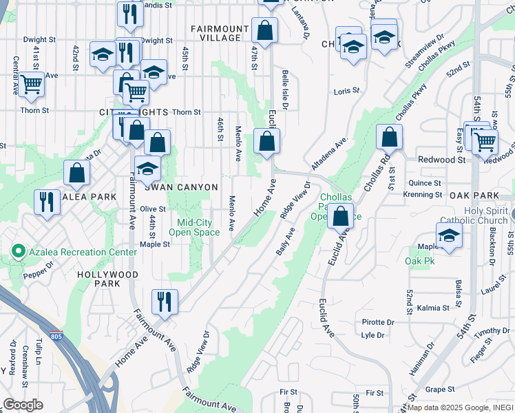 map of restaurants, bars, coffee shops, grocery stores, and more near 4712 Home Avenue in San Diego