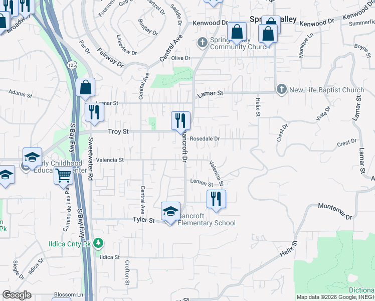 map of restaurants, bars, coffee shops, grocery stores, and more near 9009 Rosedale Drive in Spring Valley