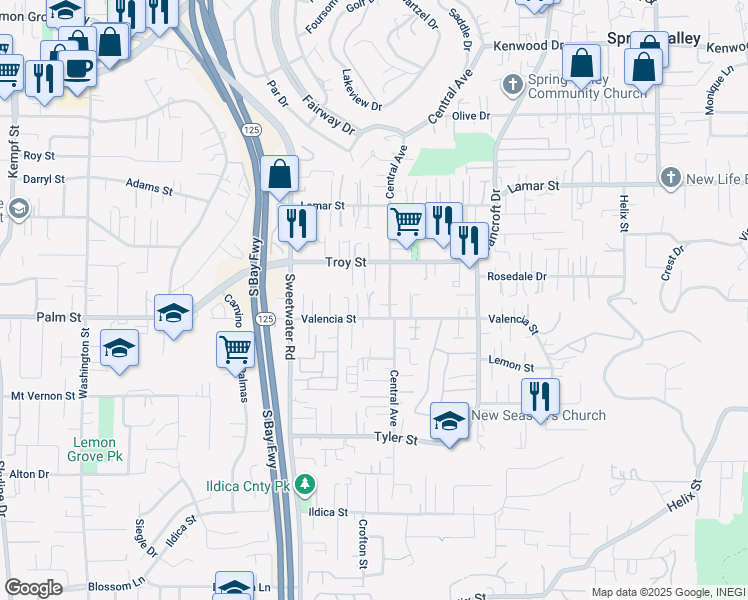 map of restaurants, bars, coffee shops, grocery stores, and more near 8754 Valencia Street in Spring Valley
