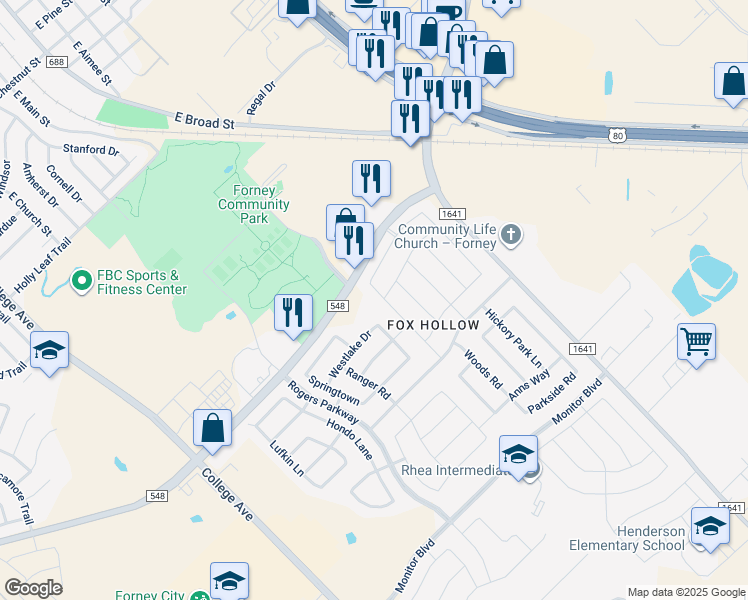 map of restaurants, bars, coffee shops, grocery stores, and more near 914 Dancing Waters Avenue in Forney