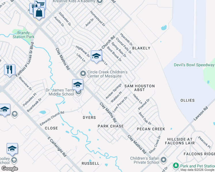 map of restaurants, bars, coffee shops, grocery stores, and more near 2121 Birch Bend in Mesquite