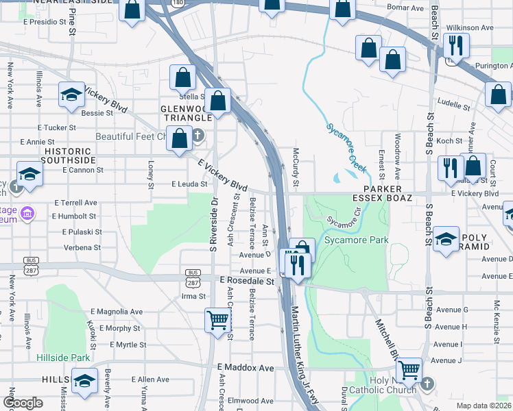 map of restaurants, bars, coffee shops, grocery stores, and more near 2000 East Vickery Boulevard in Fort Worth