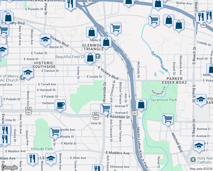 map of restaurants, bars, coffee shops, grocery stores, and more near 841 South Riverside Drive in Fort Worth
