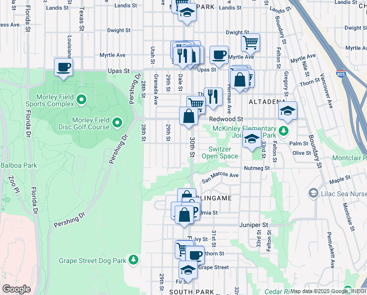 map of restaurants, bars, coffee shops, grocery stores, and more near 2914 Dale Street in San Diego