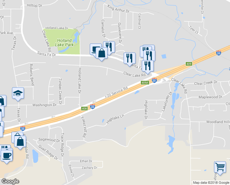 map of restaurants, bars, coffee shops, grocery stores, and more near I-20 Service Road in Weatherford